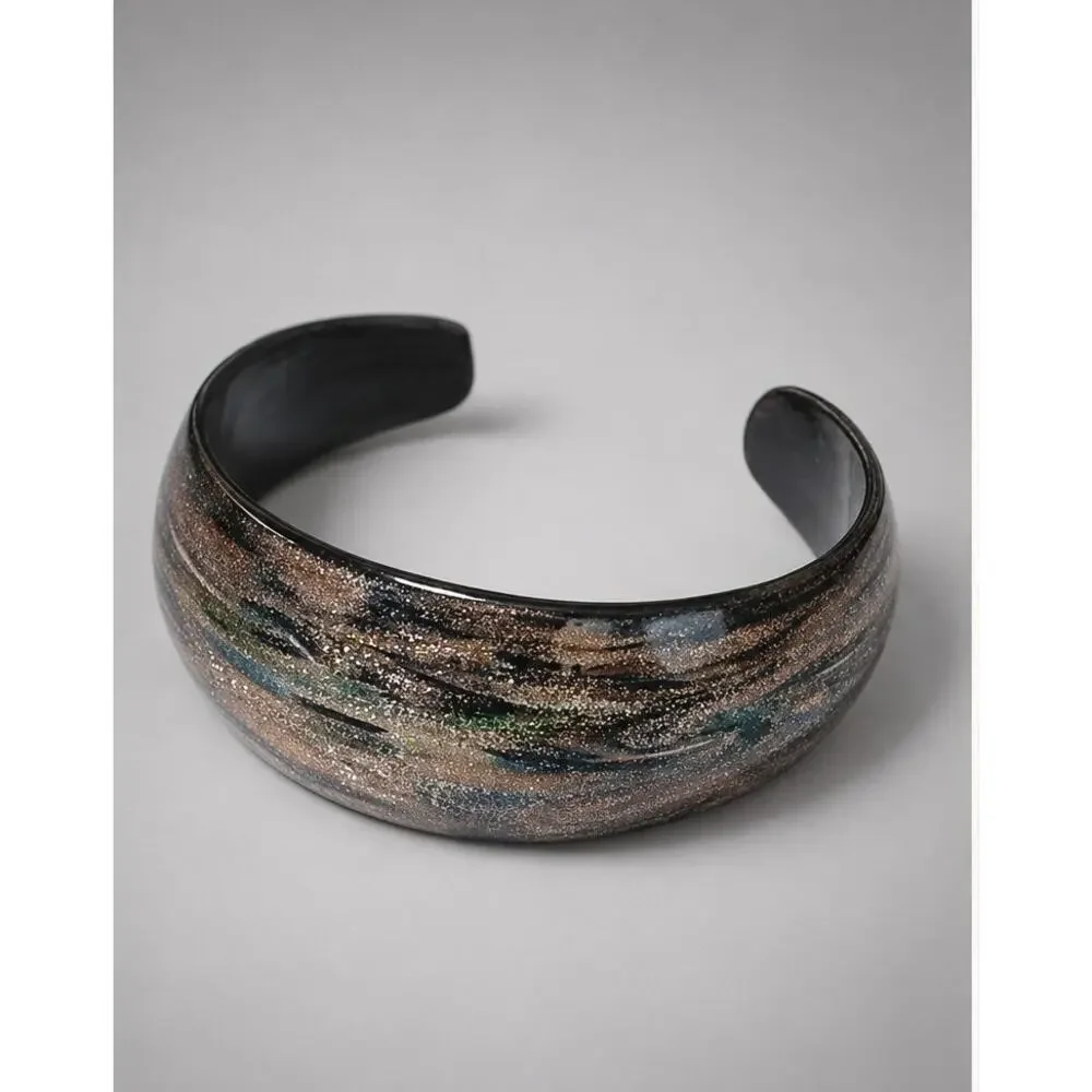 Vintage Sparkly Bronze Tones Glass Cuff Bracelet, Wide Statement Bracelet cfb